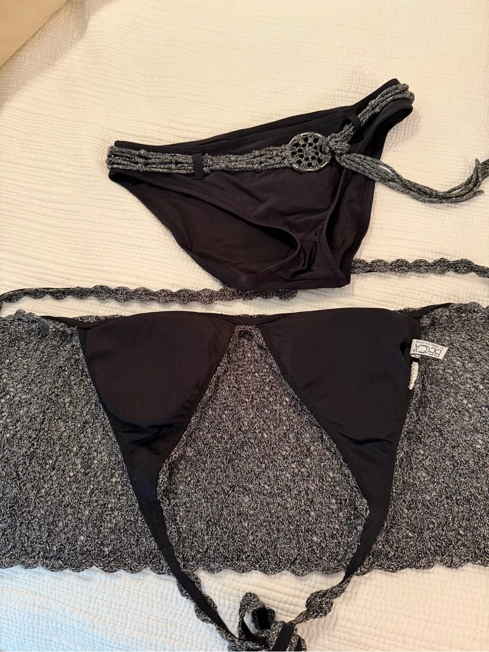 BECCA Metallic Gray Crochet Bikini Top and Black Bottom Set With Swim Skirt